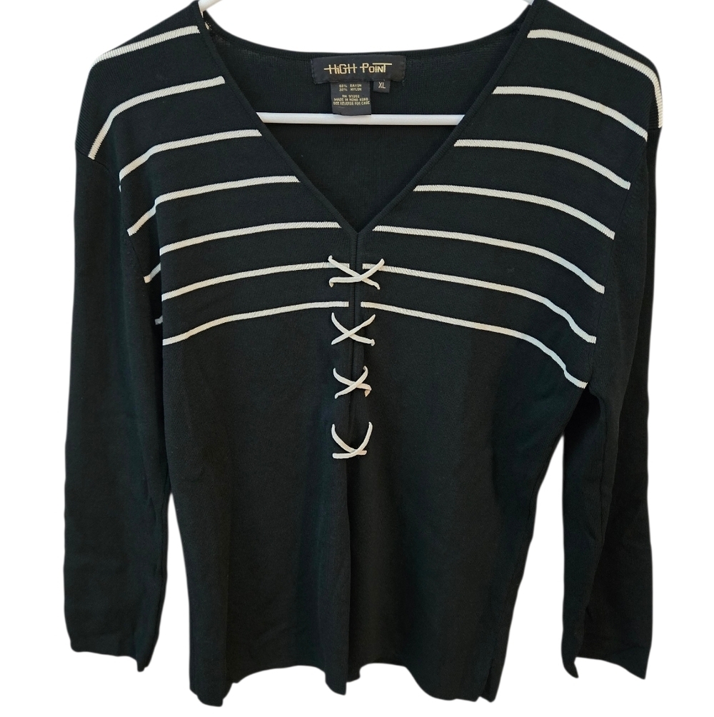 Black and White Striped Women's Top, Criss Cross, Ribbed, XL